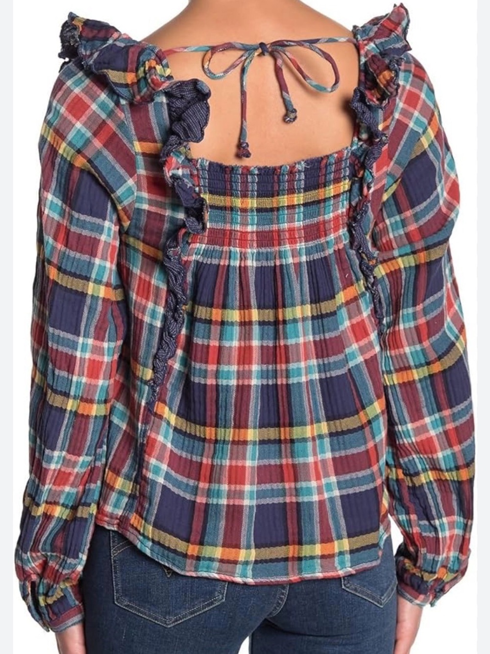 We The Free Navy Plaid Ruffle Trim Sleeveless Top